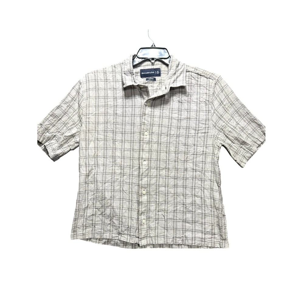 Abercrombie & Fitch Button Up Men M Tan Plaid Cropped Short Sleeve Shirt